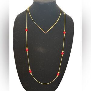 Napier and Avon Gold and Red Beaded Necklace Set
